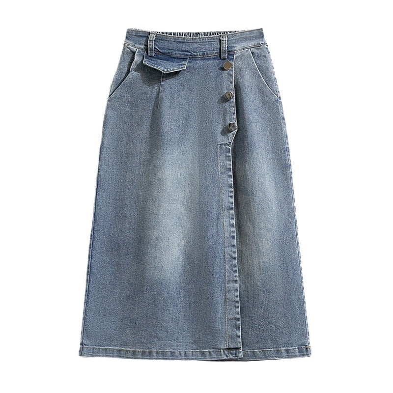 Blue denim skirt with button details on a white background