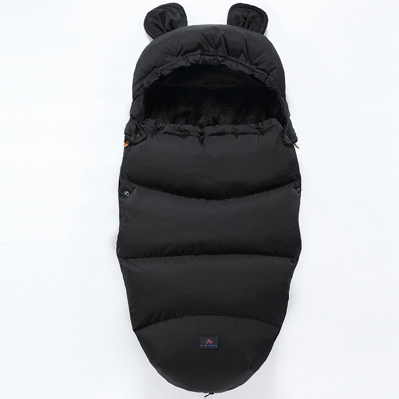 Black baby sleeping bag with bear ears on a white background