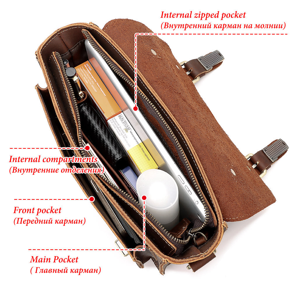 Open brown leatherette organizer pouch with multiple compartments and overlaid red text labels pointing to internal zipped pocket, internal compartments, front pocket, and main pocket.