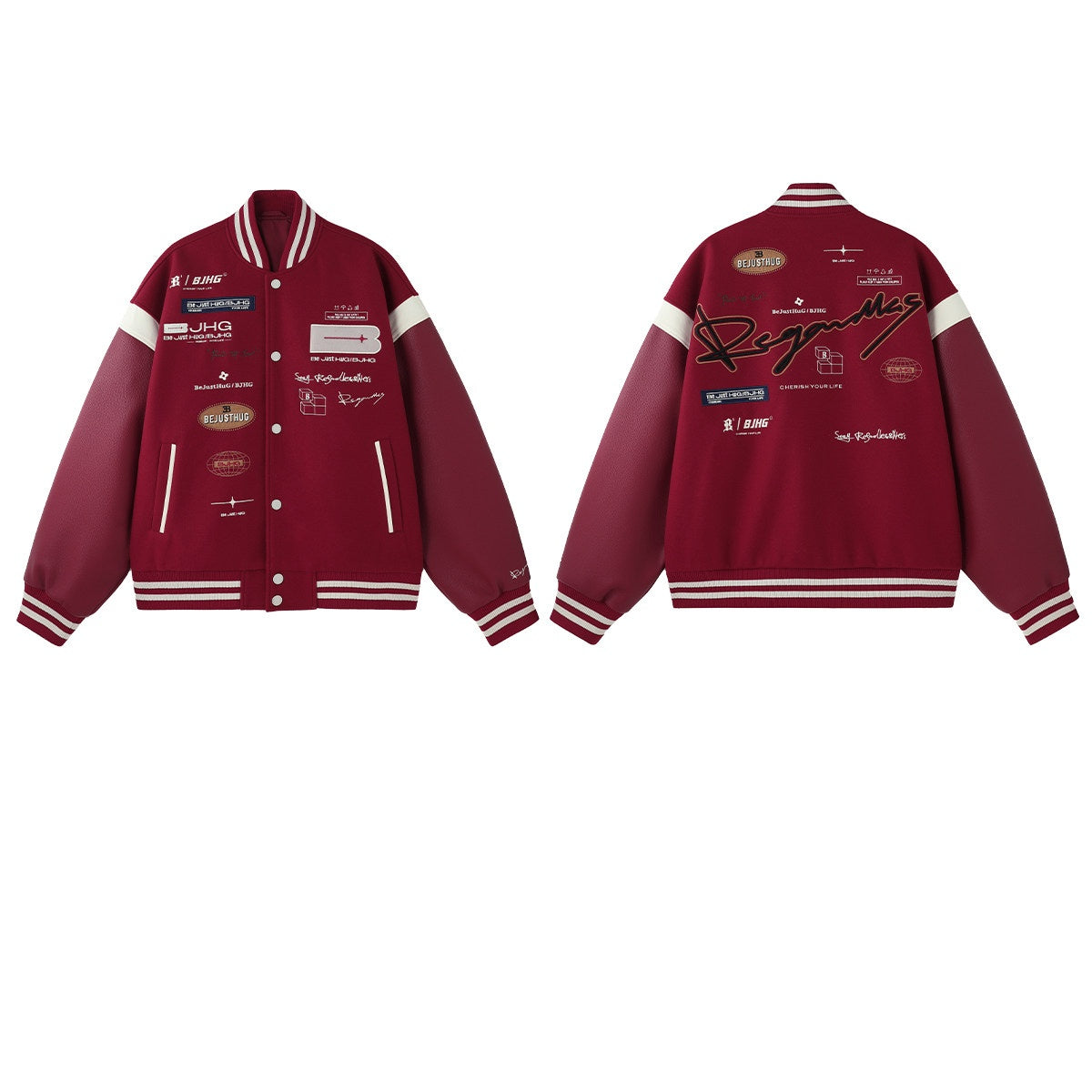 Red varsity jacket with white accents on a white background