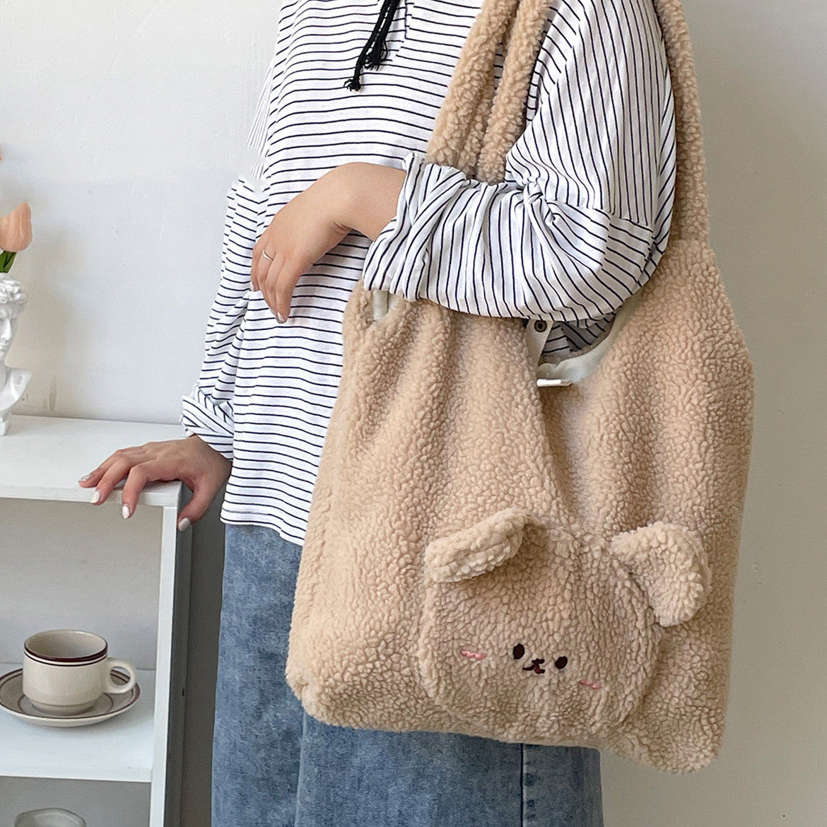 3D Cartoon Bear Plush Shoulder Bag - Women's Winter College Handbag