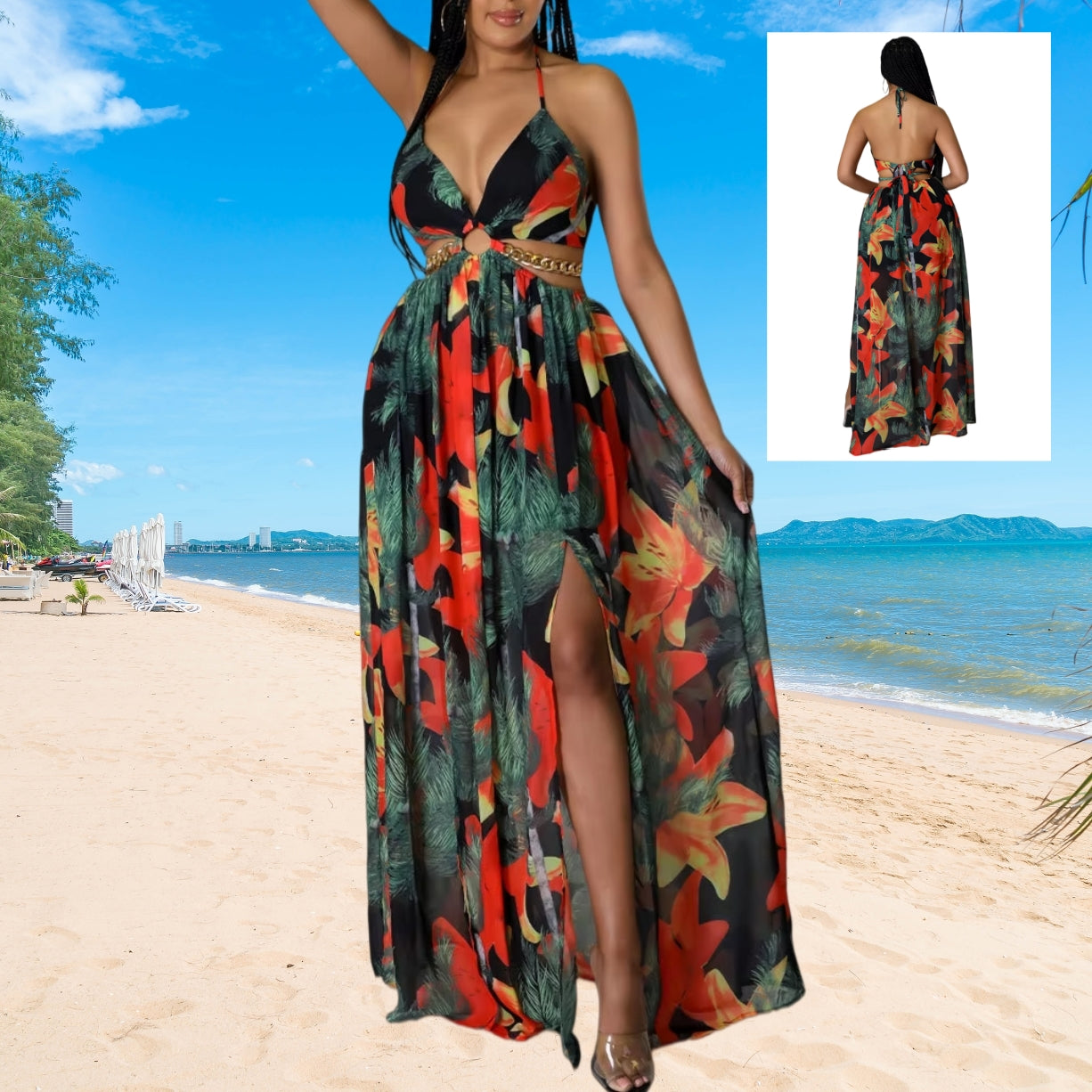 Woman wearing a colorful floral dress on a beach with a inset showing the back view.