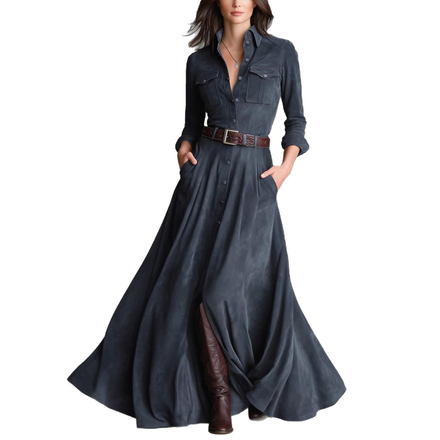 Long denim dress with brown belt and boots on a white background