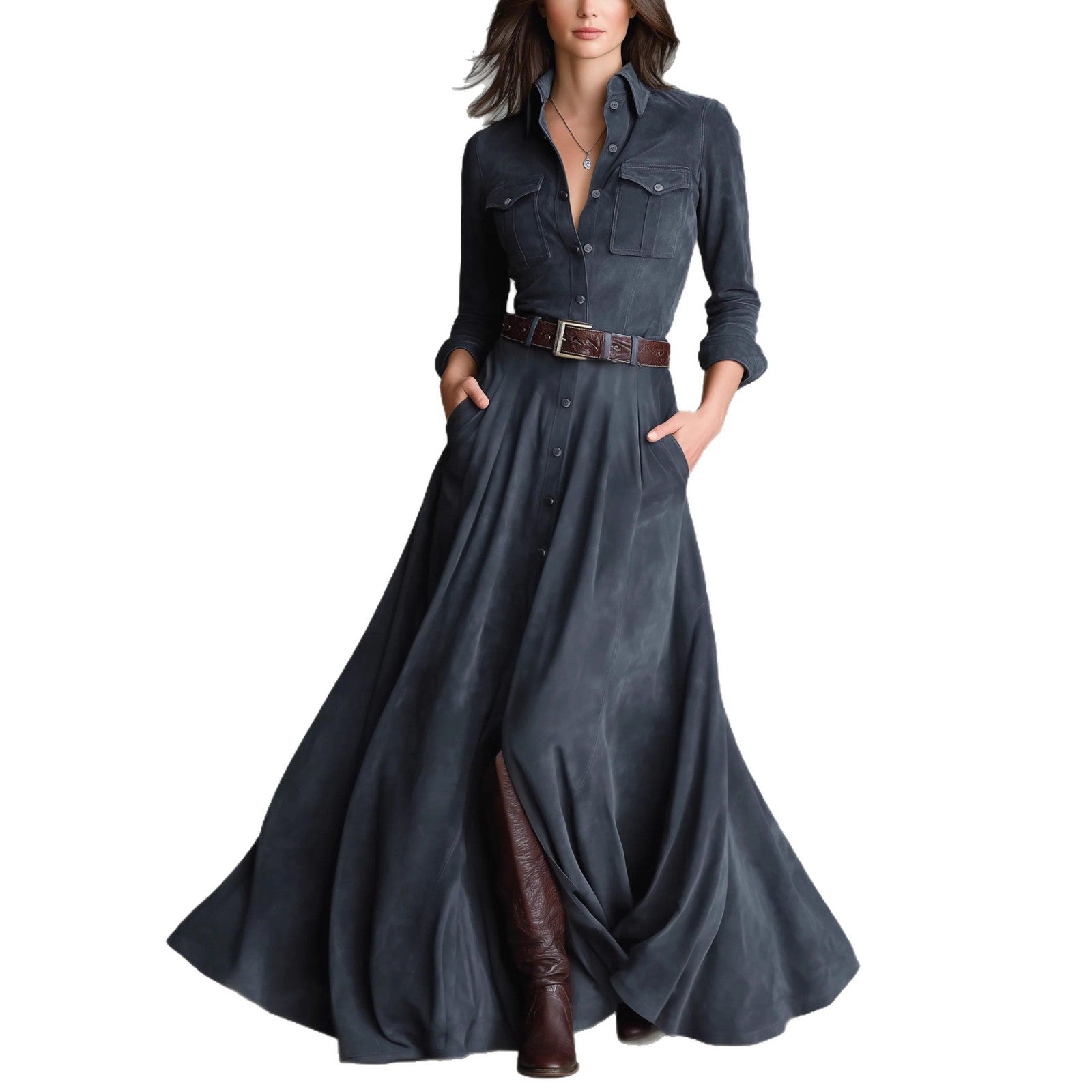 Long denim dress with brown belt and boots on a white background