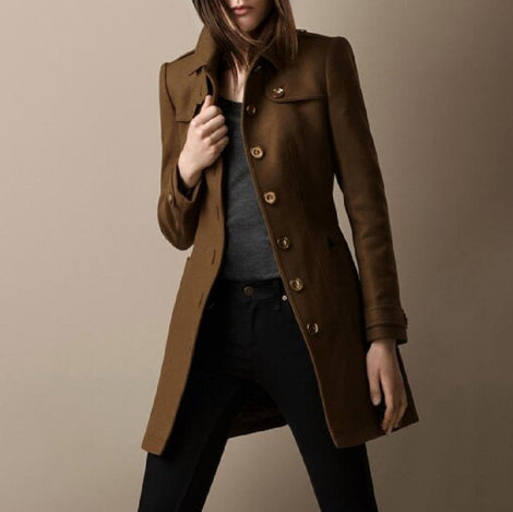Brown coat worn by a person on a beige background