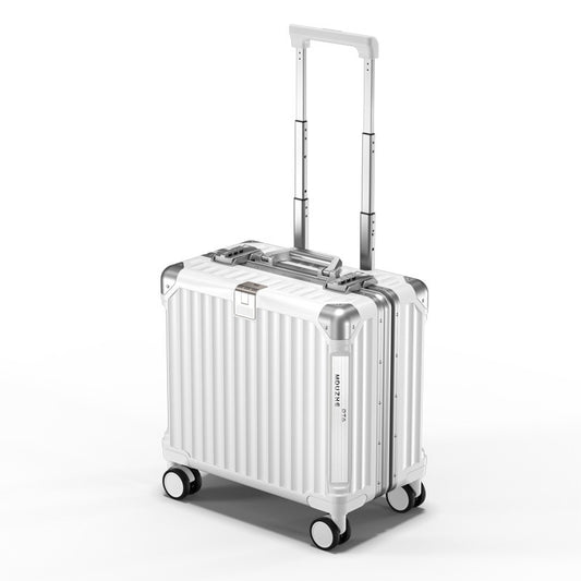 Silver suitcase with wheels on a white background