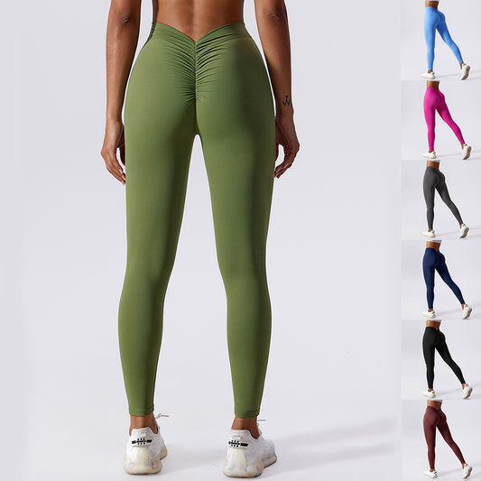 Person wearing green leggings with a white background and inset images of other colored leggings.