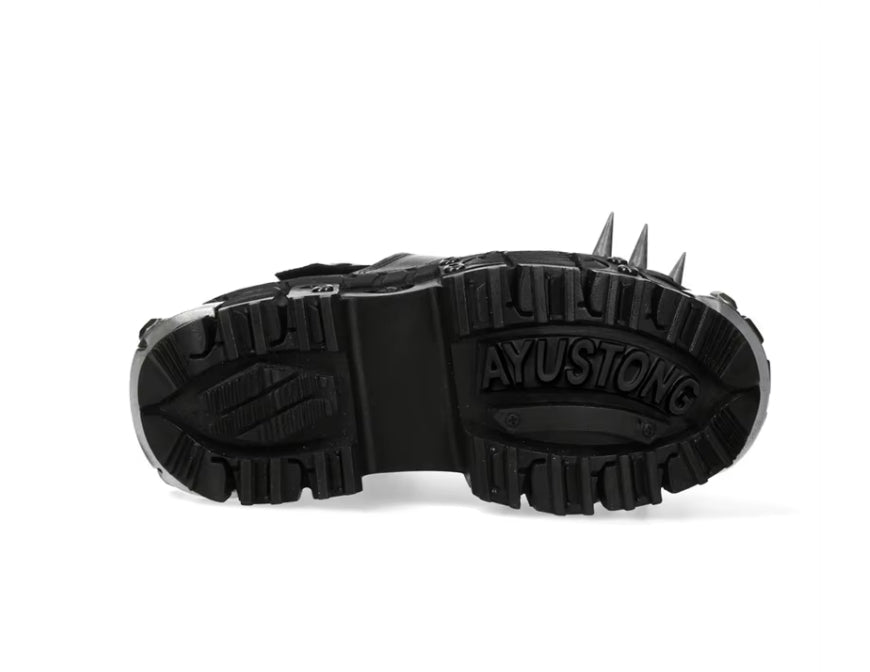 Black spiked shoe sole with 'AYUSTONE' branding on a white background
