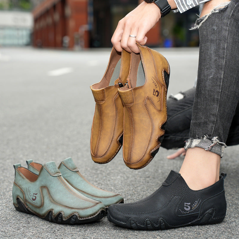 Men's Mid-top Zipper Casual Leather Shoes - Korean Style Cowhide Gommino Shoes