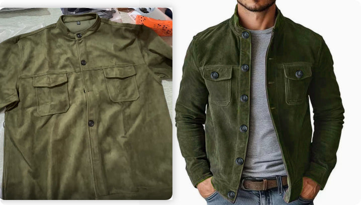 Green jacket displayed on a mannequin and a person wearing it against a white background