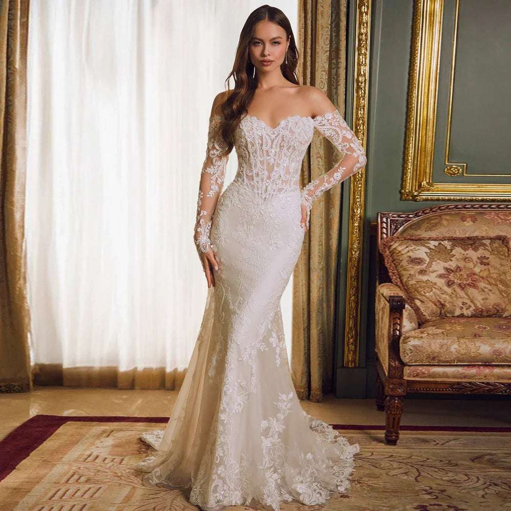 Women's Off-Shoulder Lace Long Sleeve Fishtail Wedding Gown – Mid-Waist Bridal Dress | Ivory | US 2–14 & 14W–26W