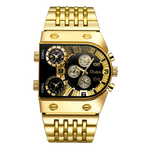Gold wristwatch with a black face on a white background