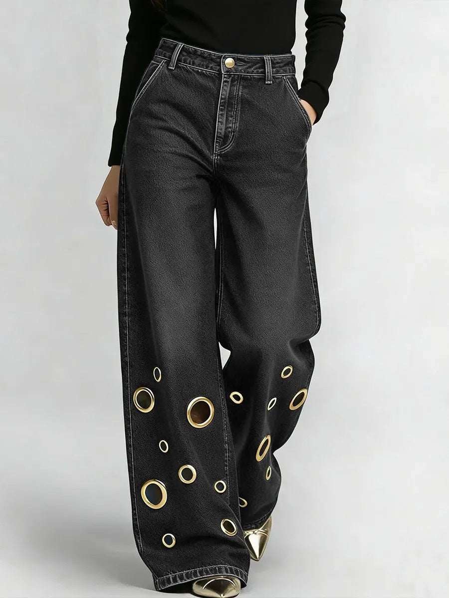 Women's Loose-Fit Straight-Leg Jeans | Cutout & Metal Eyelet Detail | 4 Colours | S–2XL