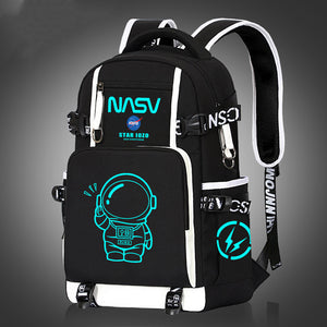 Black backpack with NASA logo and astronaut design on a dark background