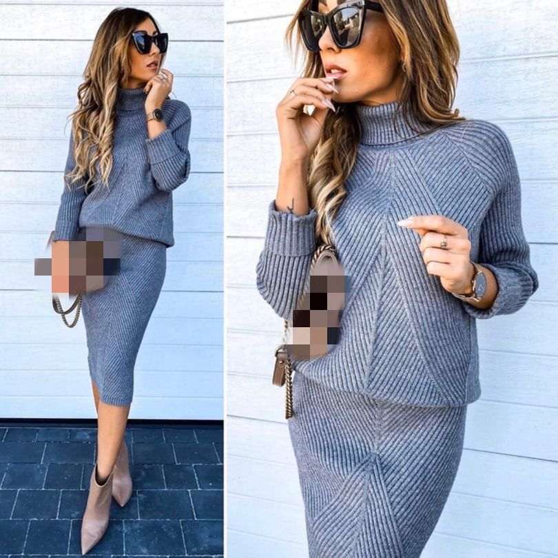 Women's Turtleneck Knitted Pullover Sweater Skirt – Slim Fit Elegant Long Sleeve Warm Midi Dress | 10 Colours Free Size