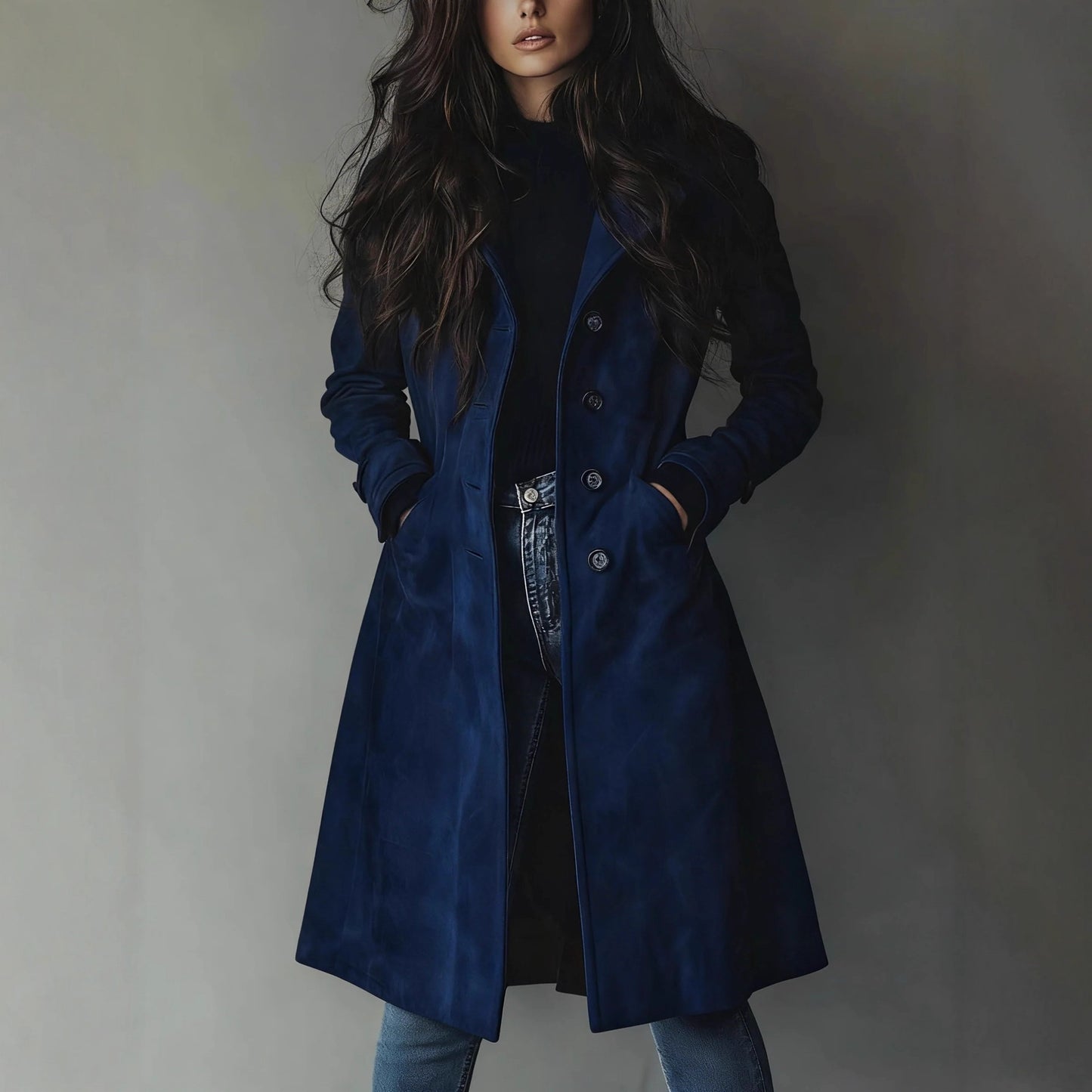 Woman wearing a blue coat against a plain background