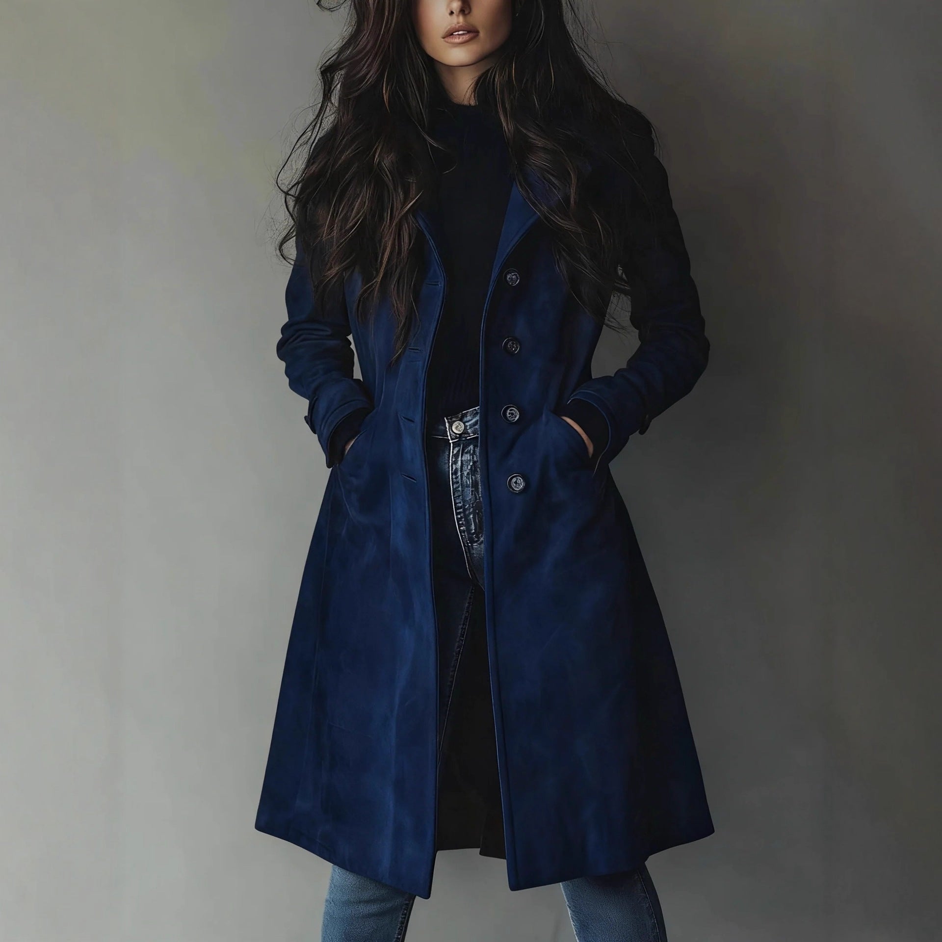 Woman wearing a blue coat against a plain background