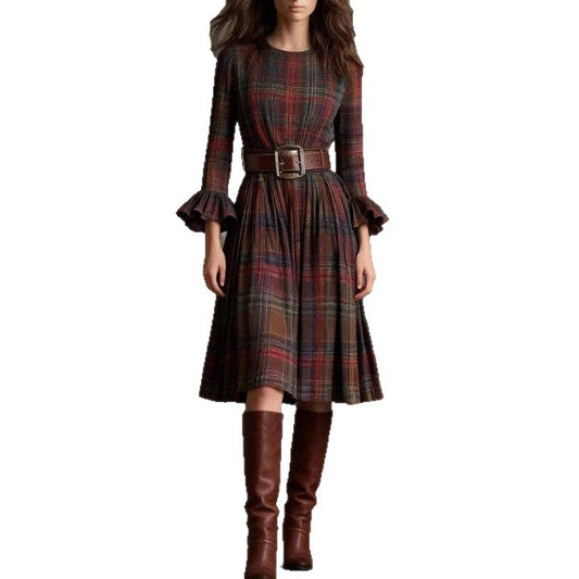 Plaid dress with ruffled sleeves and a belt, paired with brown knee-high boots on a white background. by millivan