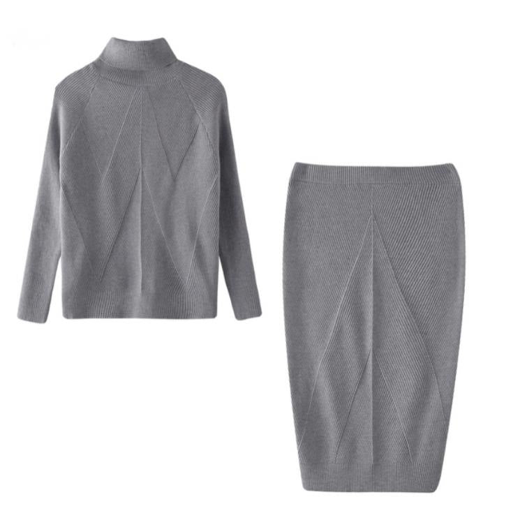 Gray sweater and pencil skirt set on a white background