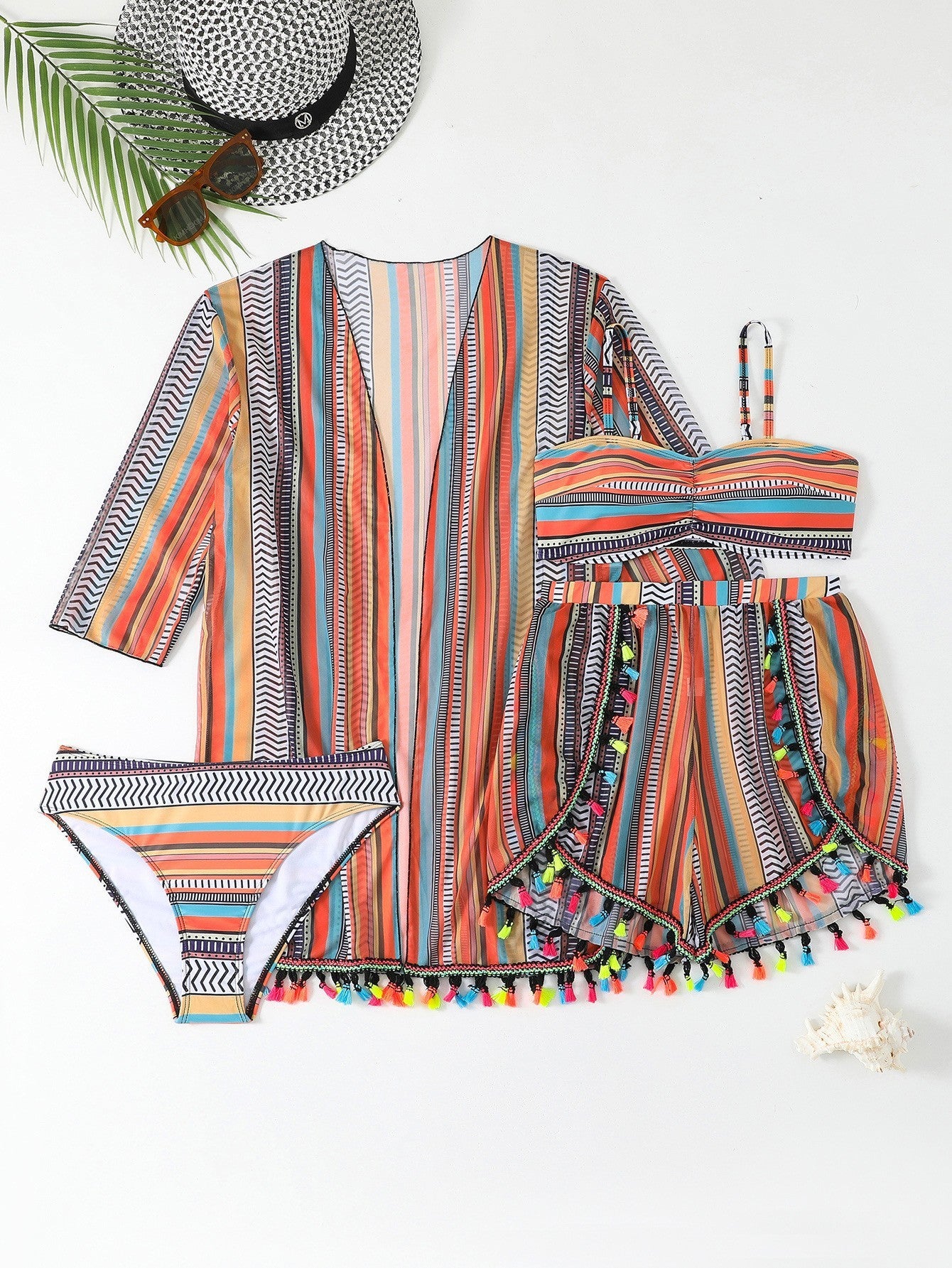 Swimsuit Halter Spaghetti Straps Sexy Tassel Split Bikini Four-piece Suit Swimsuit