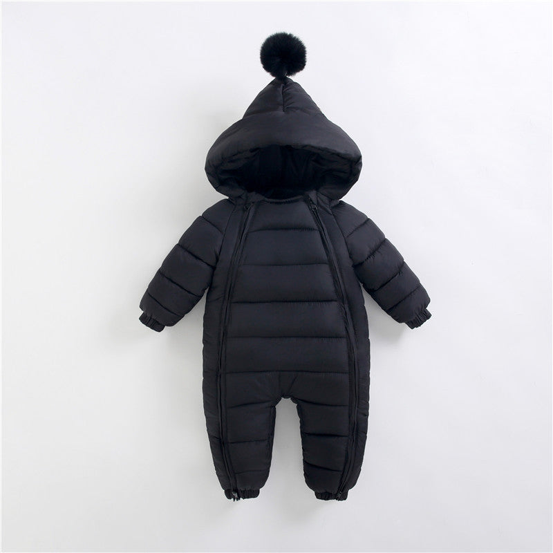 Black baby snowsuit with a hood and pom-pom on a white background