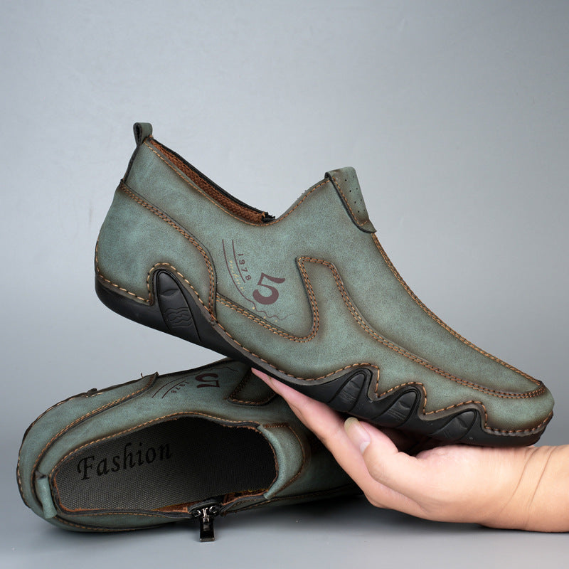 Men's Mid-top Zipper Casual Leather Shoes - Korean Style Cowhide Gommino Shoes