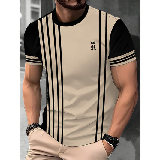 Man wearing a black and beige striped t-shirt with a logo on a gray background