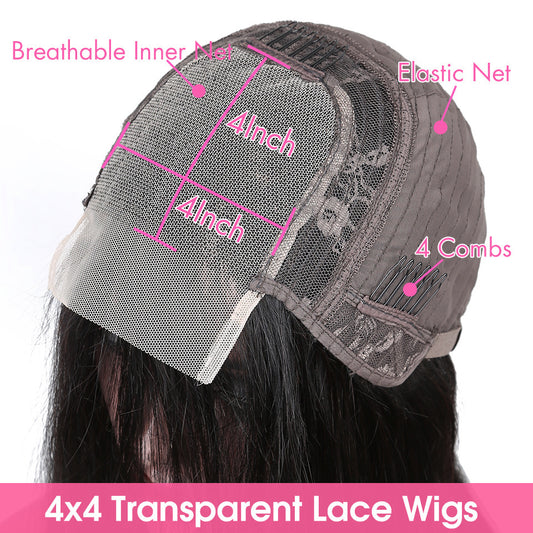 4x4 transparent lace wig with labeled features on a white background