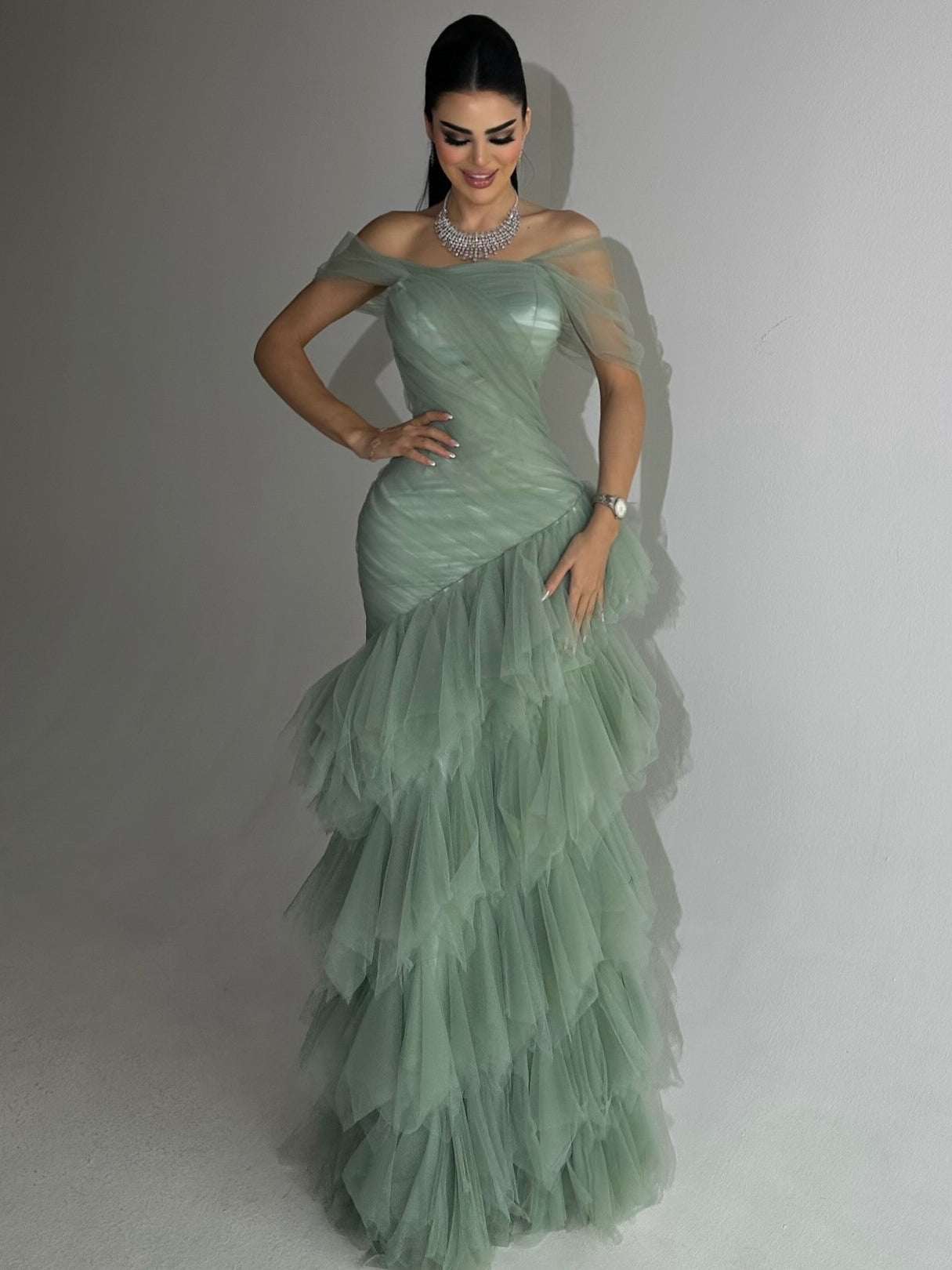 Women's Strapless Mermaid Maxi Dress With Layered Tulle Skirt | Sage Green | XS–XL