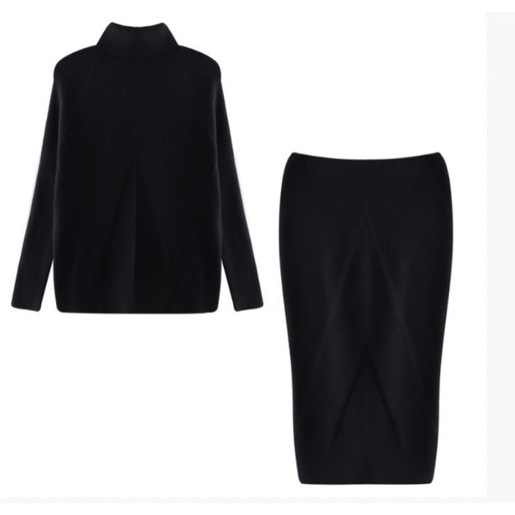 Black long-sleeve top and black pencil skirt on a white background