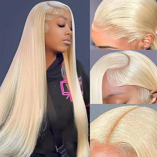 Blonde wig with close-up shots of hairline and texture on a dark background