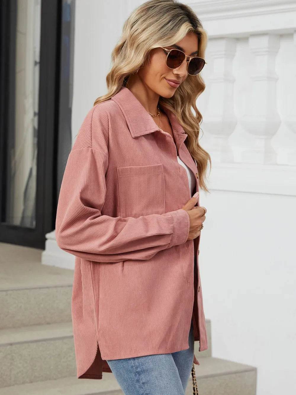 Button Up Dropped Shoulder Long Sleeve Outerwear - Millivan supplies 