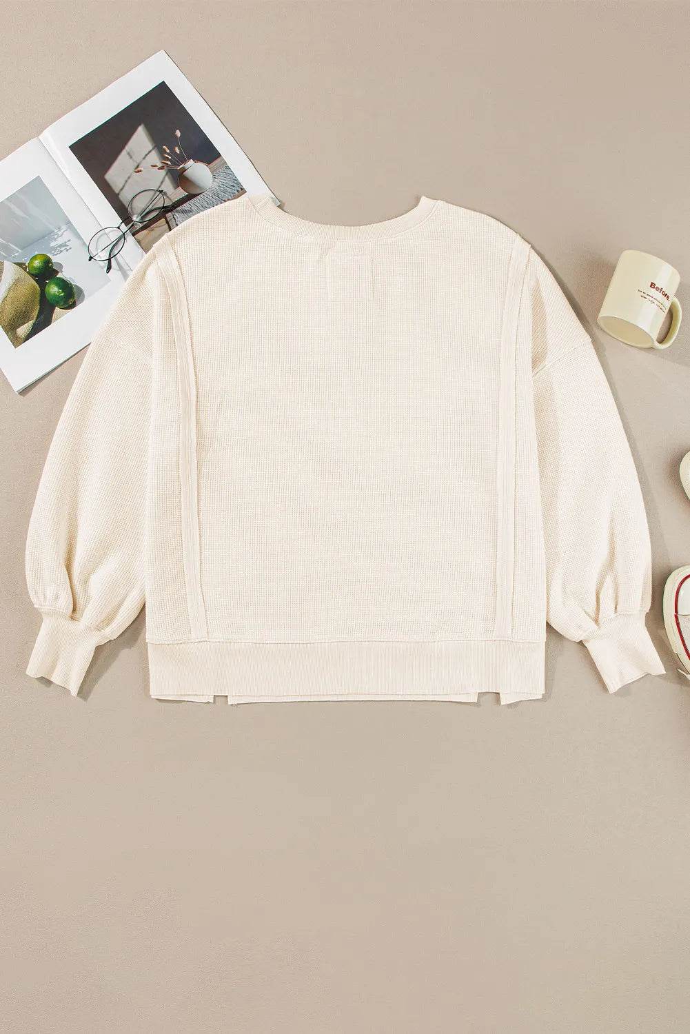 Slit Waffle-Knit Round Neck Long Sleeve Top - Millivan supplies 