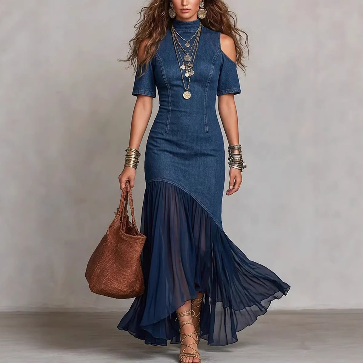 Woman wearing a blue dress with a brown handbag against a neutral background by millivan