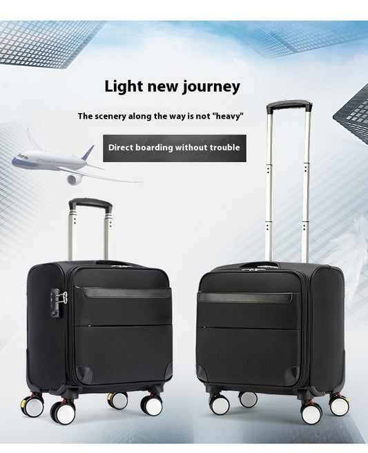 Two black suitcases with wheels on a light blue background with airplane and text overlay.