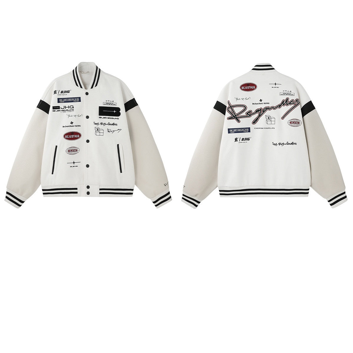 White varsity jacket with black text and logos on a white background