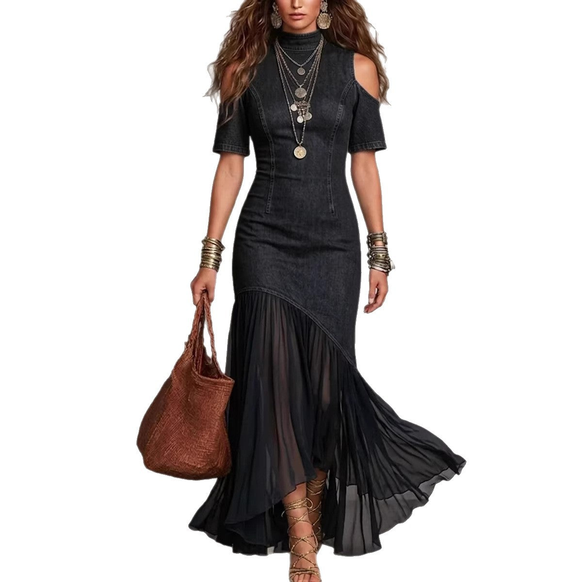 Woman wearing a black dress with a brown handbag on a white background by millivan