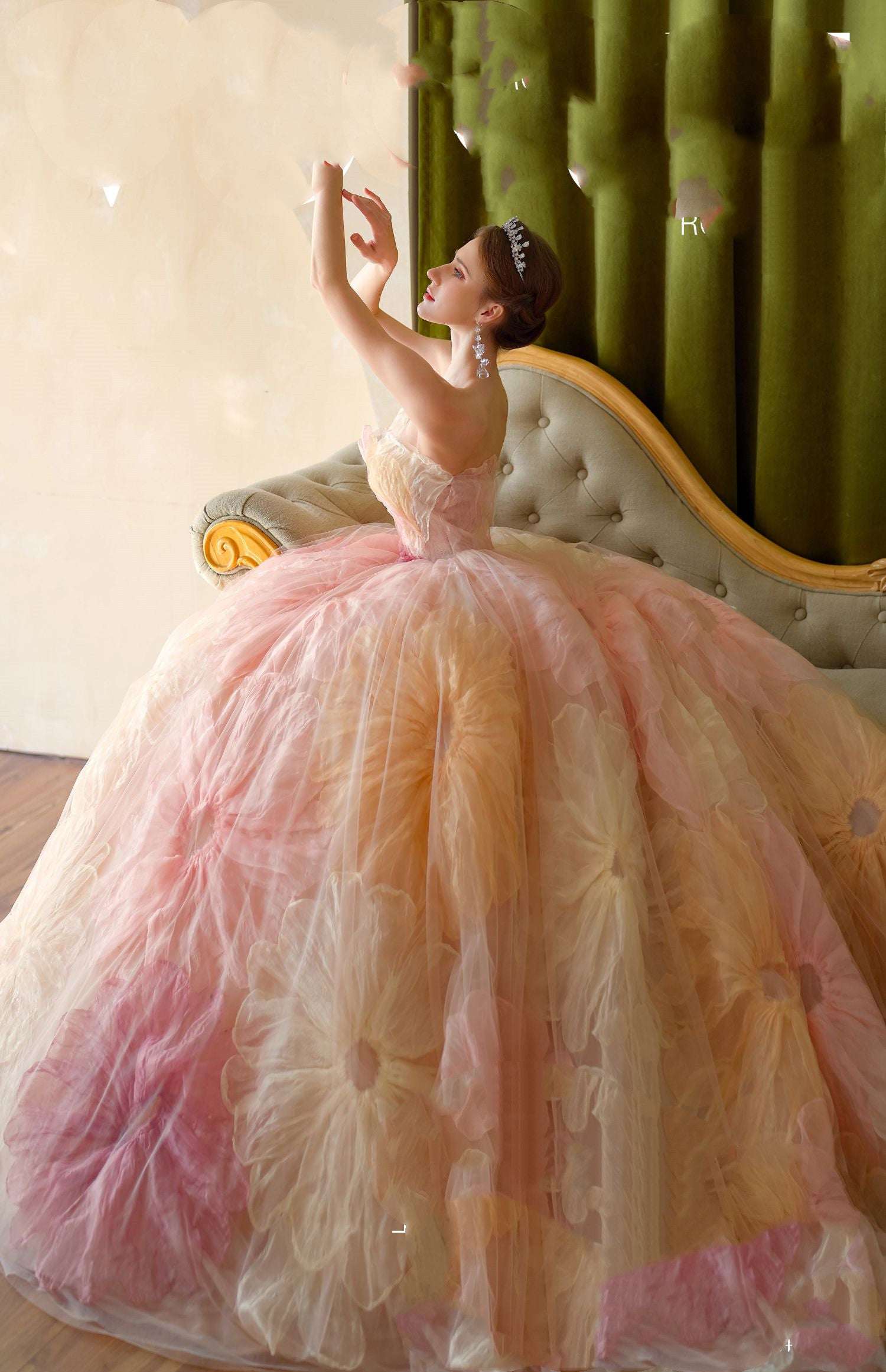 Sweet Mesh Bustier Bridal Gown with Train & Veil | Pink | S–XL
