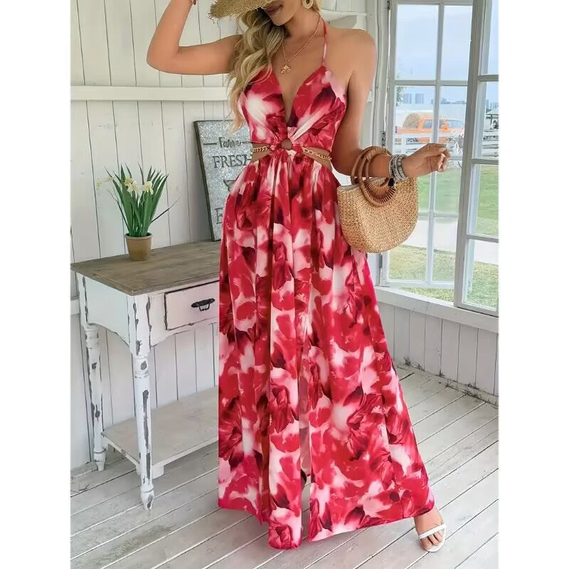 Woman wearing a red floral dress in a bright room with a window.