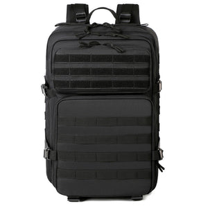 Black tactical backpack on a white background