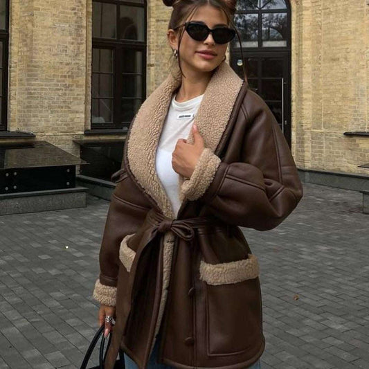 Korean Style Leather & Fur Splicing Coat - Women's Long Sleeve Trench