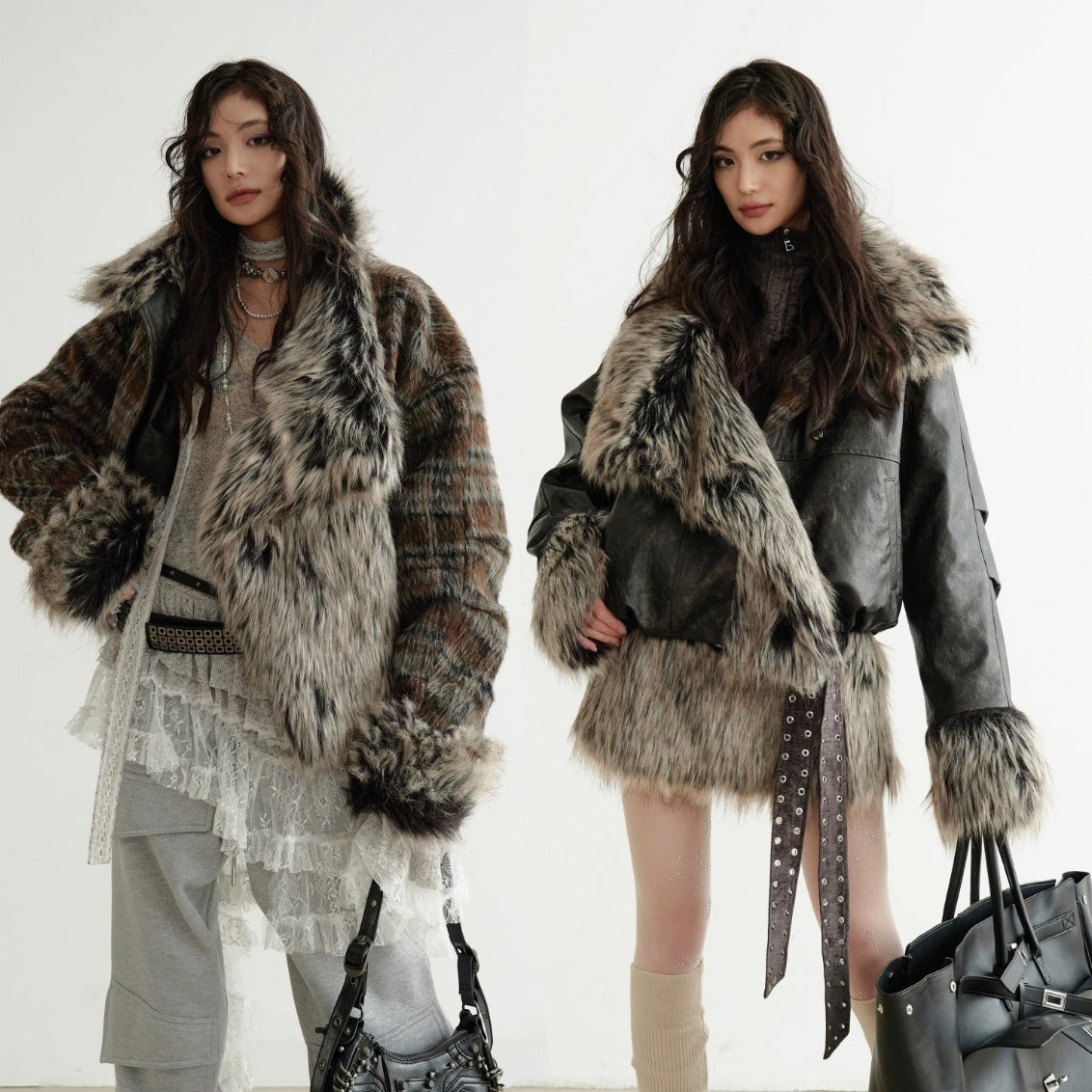 Two models wearing fur-lined coats with a white background